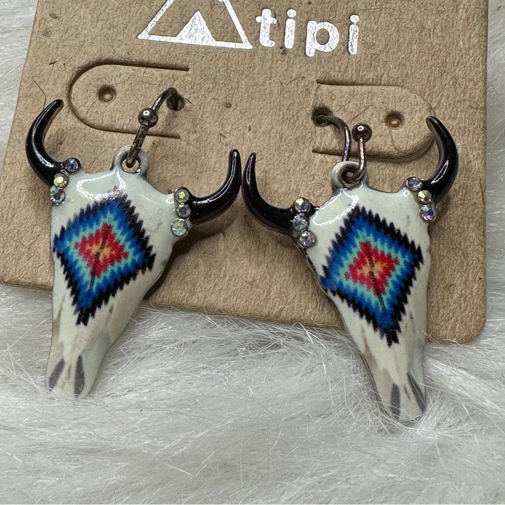 Tipi Boho Bull Skull Earrings with Colorful Accents - Picture 3 of 5
